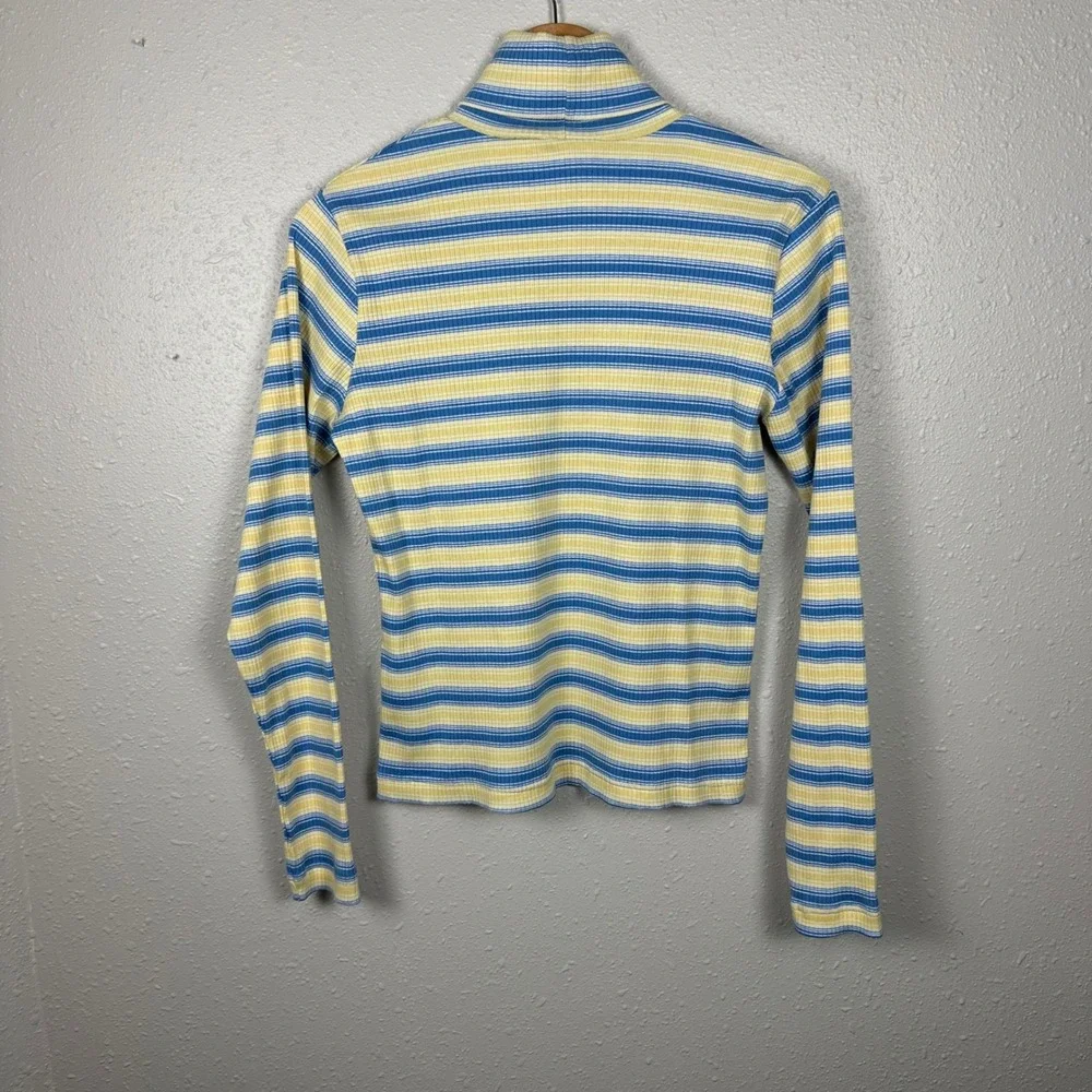 Vintage Arizona Womens L Turtleneck Long Sleeve Striped Ribbed Blue Yellow Y2K